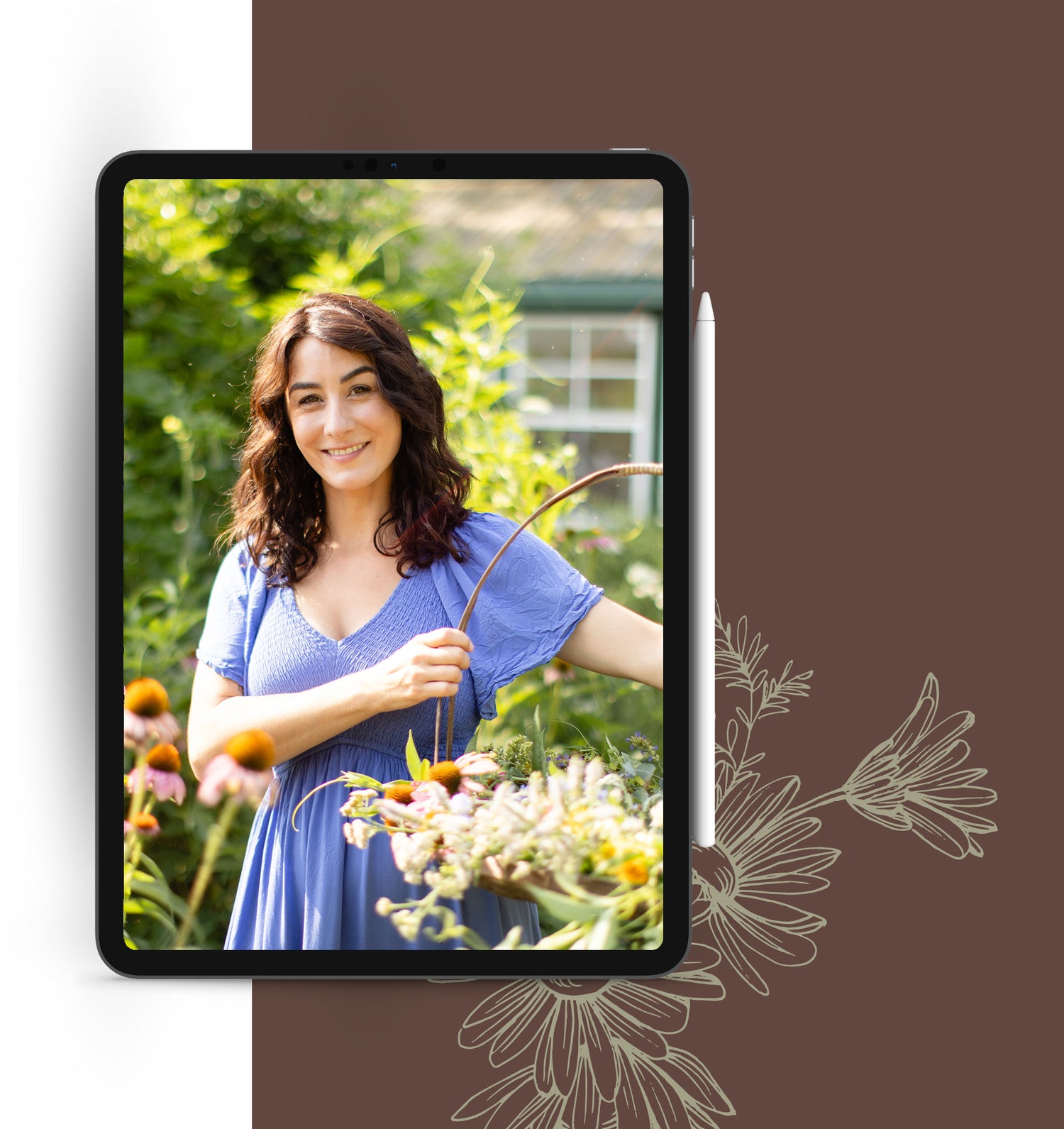 Kaylee holding a basket of flowers in a garden, displayed on a tablet device.