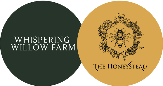Two circular logos for 'Whispering Willow Farm' and 'The Honeystead'.